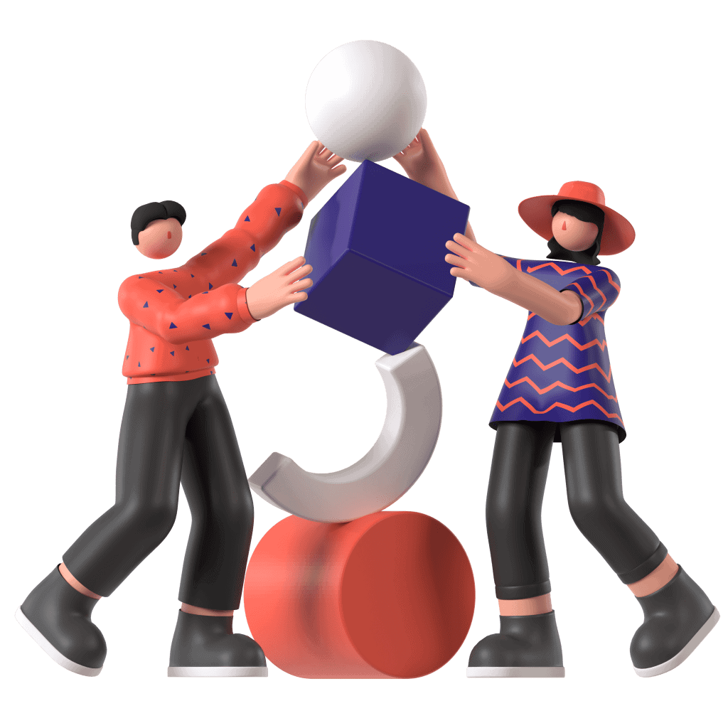 Illustration of two characters balancing geometric shapes representing Weblogic cloud services.